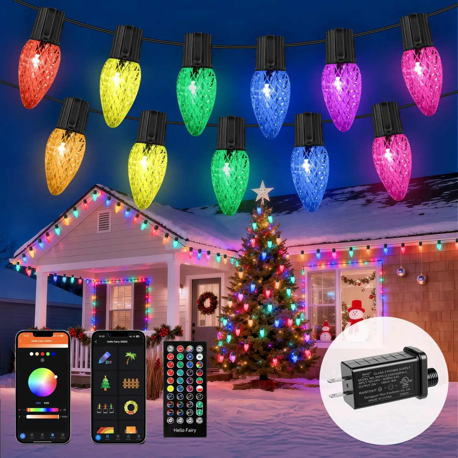 C9 RGB Christmas Lights Outdoor, 66 FT 100 LED Christmas Tree Lights with  Sync APP Controlled,  Connectable C9 String Lights for House, Roofline, Fencing, Balcony & Yard Decor