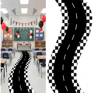 Racing Car Party Decorations 3x9.8 Ft Racetrack Floor Runner Polyester Race Road Mat Aisle Runner Carpet for Two Fast Birthday Plaid