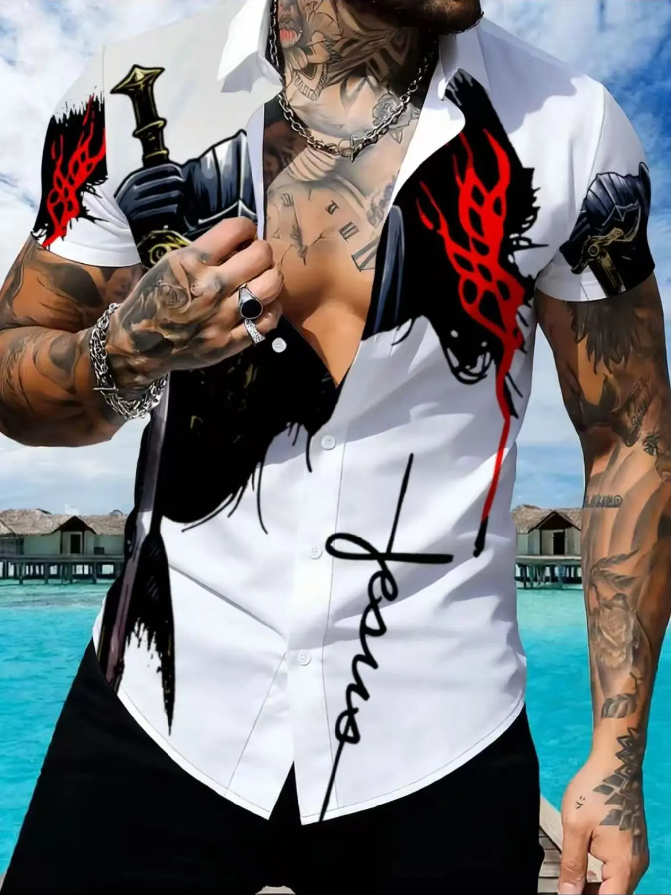 Fashionable and trendy men's short sleeved collar shirt, personalized printed design, casual full top, SummerNew fashionable clothing, versatile for daily use