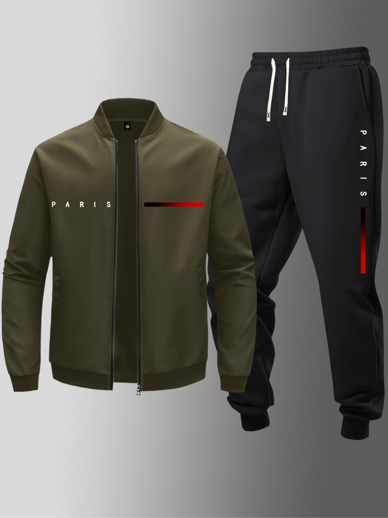 Men's Letter Print Zip Up Jacket & Elastic Waist Sweatpants Set, Regular Fit Cozy Breathable for Daily Outdoor Wear, Spring & Fall, Athletic Tracksuit, Casual Sportswear, Streetwear Tracksuit Set, Sweatsuit Set, Athleisure Sweatsuit, Training Tracksuit