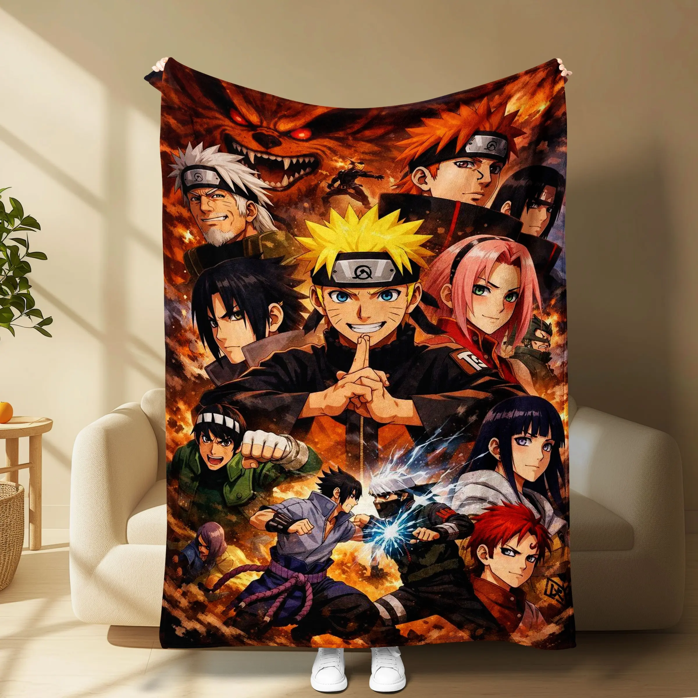 Naruto Shippuden All Characters Flannel Throw Blanket, Uzumaki Naruto Sasuke Sakura Anime Graphic Blanket, Kurama Nine Tails Fire Background Soft Cozy Blanket, Gift for Naruto Fans