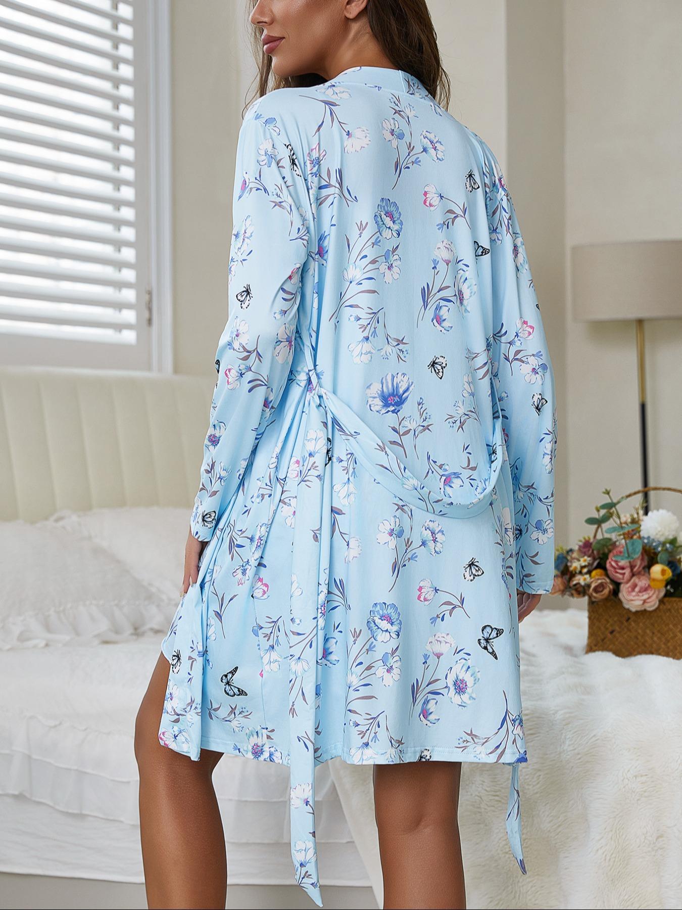 Women's Print Drawstring Robe and Camisole Nightdress Two-Piece Set, Casual Cute Women's Loungewear Set, Women's Suitable for All Seasons sleepwear dress home chic gown stylish womens soft Womenswear Long Sleeve summer