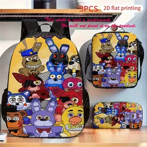 Five Nights At Freddy’s 3PCS Full Set Yellow Background Animatronic Full Crew Horror Game Print Backpack Combo 600D Oxford 2D Flat Printing Lightweight Laptop Lunch Bag Pencil Case Padded Straps For Horror Game Fans Kids Teens School Daily Travel Carry