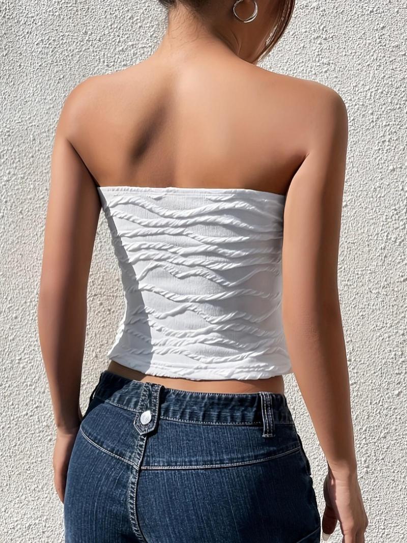 Women's Plain Textured Crop Tube Top, Casual Sleeveless Strapless Top for Summer, Ladies Clothes for Daily Wear