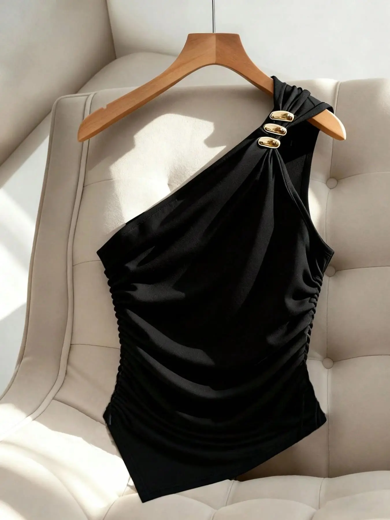 Women's Black One Shoulder Top, Elegant Style Asymmetrical Sleeveless Blouse with Gold Buttons, Ruched Slim Fit Asymmetric Hem Shirt for Office Summer Wear