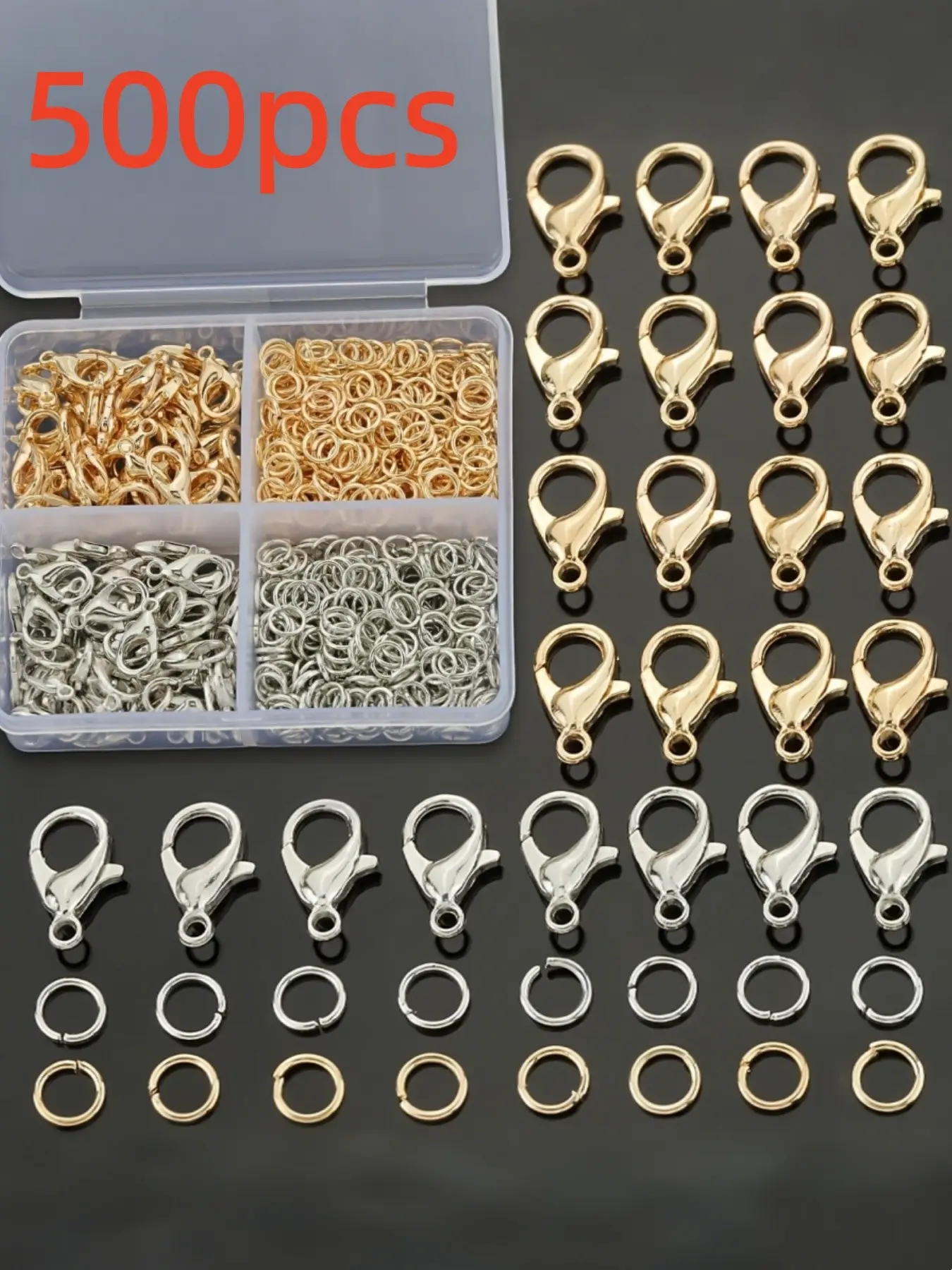 500pcs Kc and Alloy Jewelry Clasps Set, Includes 120 Lobster Clips and 700 Rings, Necklace Bracelet Keychain Connectors