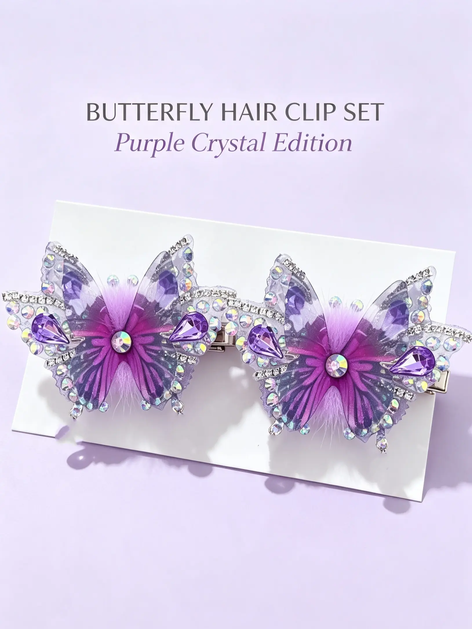 2Pcs Purple Fairy Butterfly Hair Clips Sparkly Rhinestone Crystal Mesh Hair Barrettes Fluffy Faux Fur Decor Hair Pins Women Fairycore Hair Accessories for Party Wedding