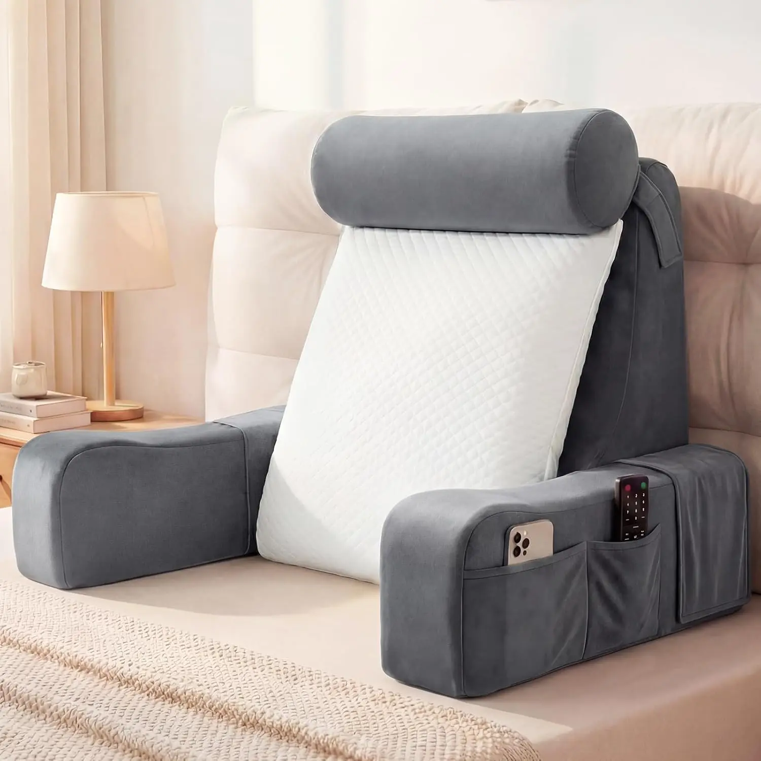 Reading Pillow for Bed Sitting Up, Adjustable  Pillow with Detachable Armrests, Removable  Support Converts to Cylindrical Pillow, Machine Washable Cover with Pockets – Grey