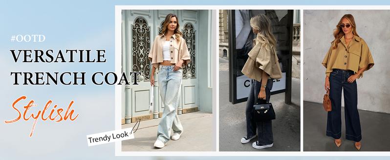 FMEYOA Womens Oversized Cropped Trench Coats Single Breasted 3/4 Cape Sleeve Trendy Casual Jackets Button up Outerwear