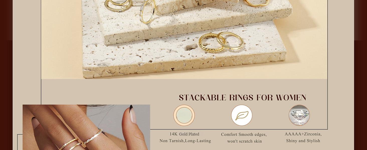 FIBO 6 Pcs 14K Gold Plated Stacking Rings for Women Dainty Cubic Zirconia Eternity Band & Vintage Wave Ring Set Hypoallergenic Non Tarnish Aesthetic Finger Jewelry for Wedding Promise Travel Size 5-10