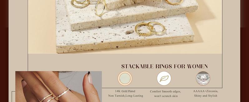 FIBO 6 Pcs 14K Gold Plated Stacking Rings for Women Dainty Cubic Zirconia Eternity Band & Vintage Wave Ring Set Hypoallergenic Non Tarnish Aesthetic Finger Jewelry for Wedding Promise Travel Size 5-10