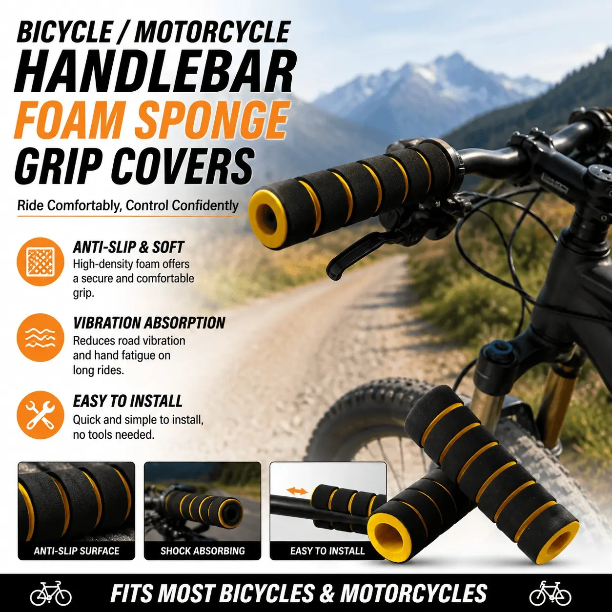 Shock-Absorbing Motorcycle Grips Covers 2-Pack, Ergonomic Anti-Slip Wave Design for Cruiser Mountain Road Bike, Universal Fit Easy Installation Upgrade Kit, Vibration Damping Handlebar Accessories