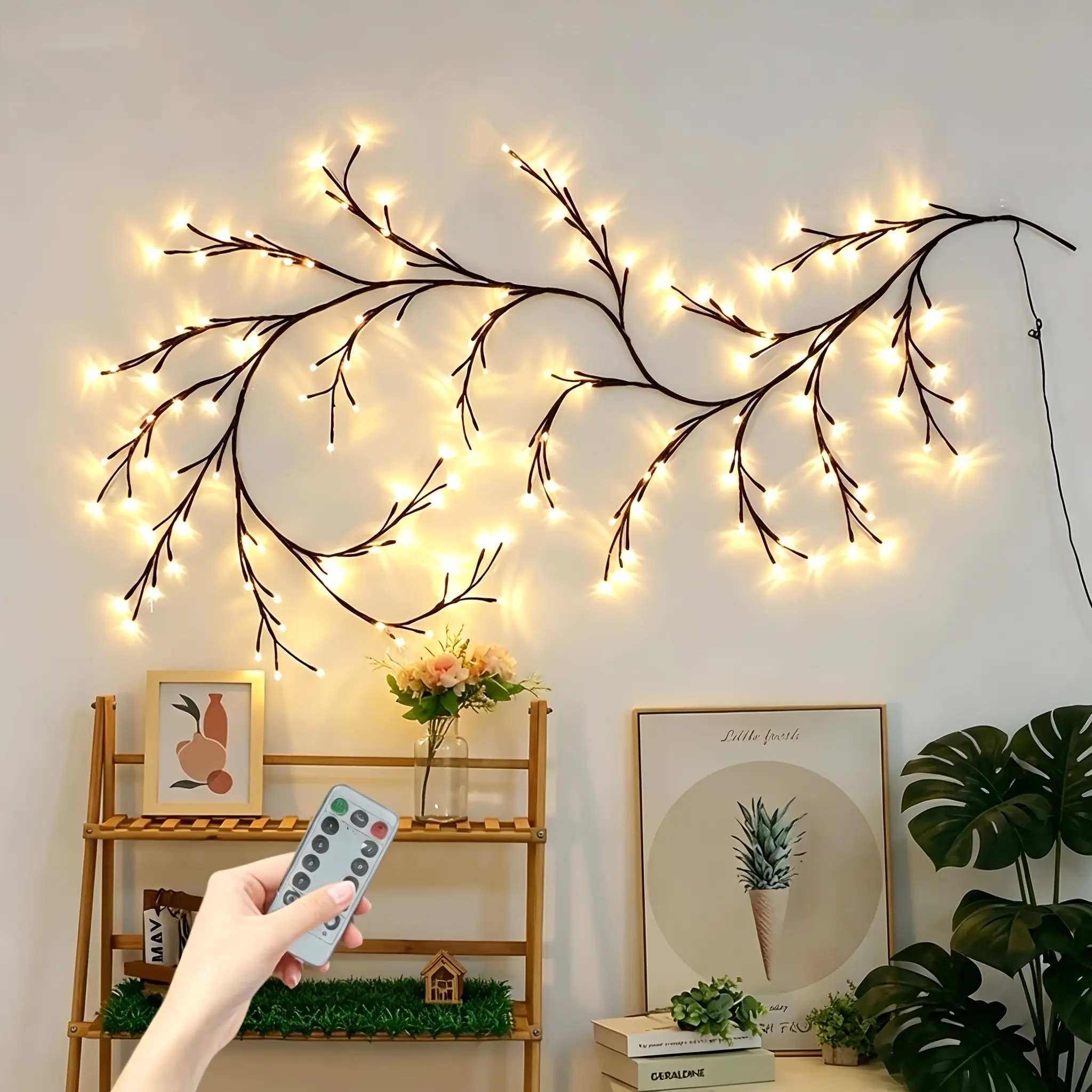 96/144-LED Cherry Blossom Branch String Light, USB Powered with Remote Control, Bendable Wreath DIY Decorative Light, Ideal for Weddings, Valentine's Day, Parties, Home Wall Decoration (Wreath)