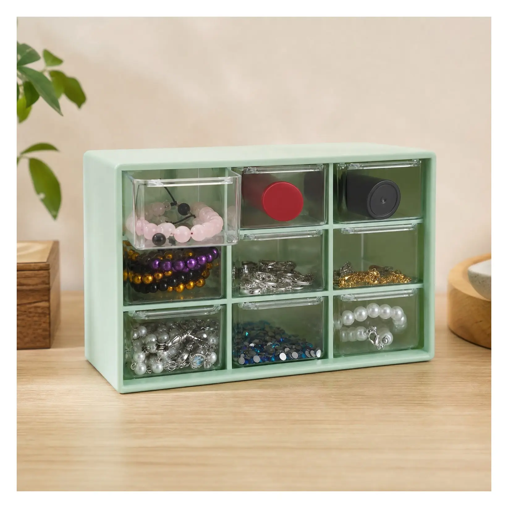 2 Pack Mini Storage Drawers with 9 Clear Drawers, Green - Desktop Organizer for Beads, Buttons, Crafts Supplies, Transparent Bins Easy View, Ideal for Classroom Desk Office, StackableGift