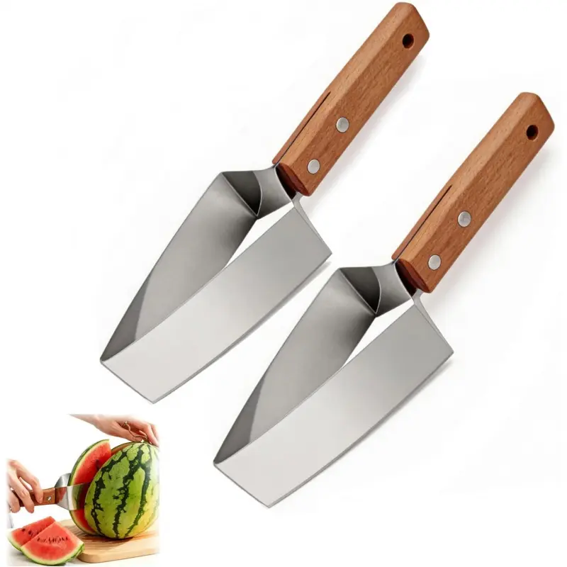2026 New Kitchenware Stainless Steel Watermelon Slicer, Triangle Watermelon Cutter with Wooden Handle, Suitable for Cutting Watermelon, Cantaloupe, Apple and other Fruits (2PCS)