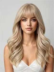 18-Inch Linen Light Gold Medium-Length Air Bangs Big Wave Wig, Natural Realistic, Heat-Resistant Synthetic Wig for Daily Commute, Casual Wear