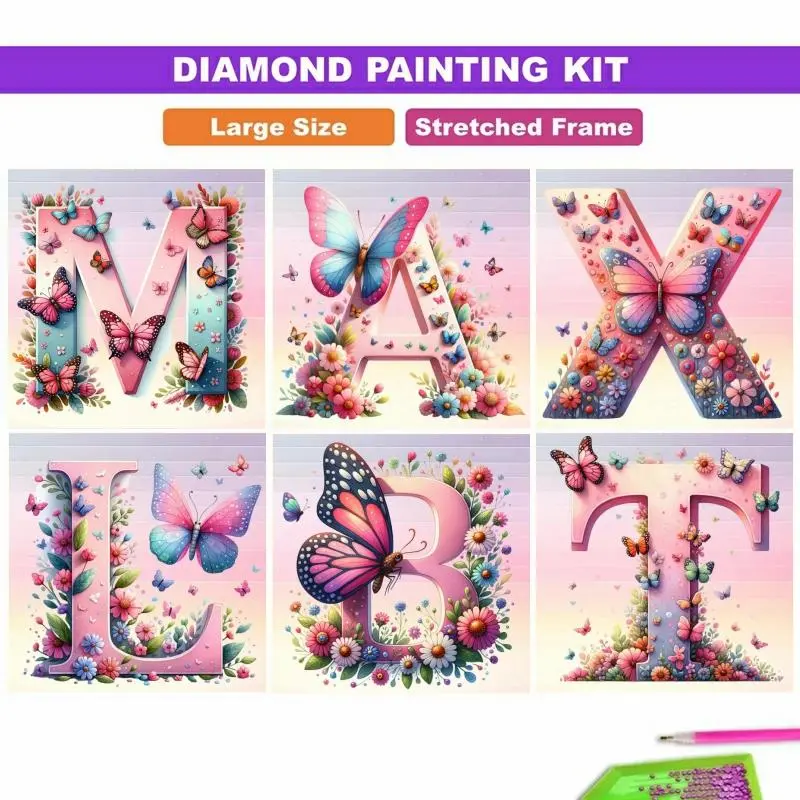 5D DIY Framed Diamond Painting Cross Stitch Kit - Gradient Alphabet Letters, Colorful Butterflies, Pastel Pink Blue Flowers, Custom Name Hobby Project for Easter Home Decor, DIY Bling, Needlepoint Frame Diamond Painting Kits