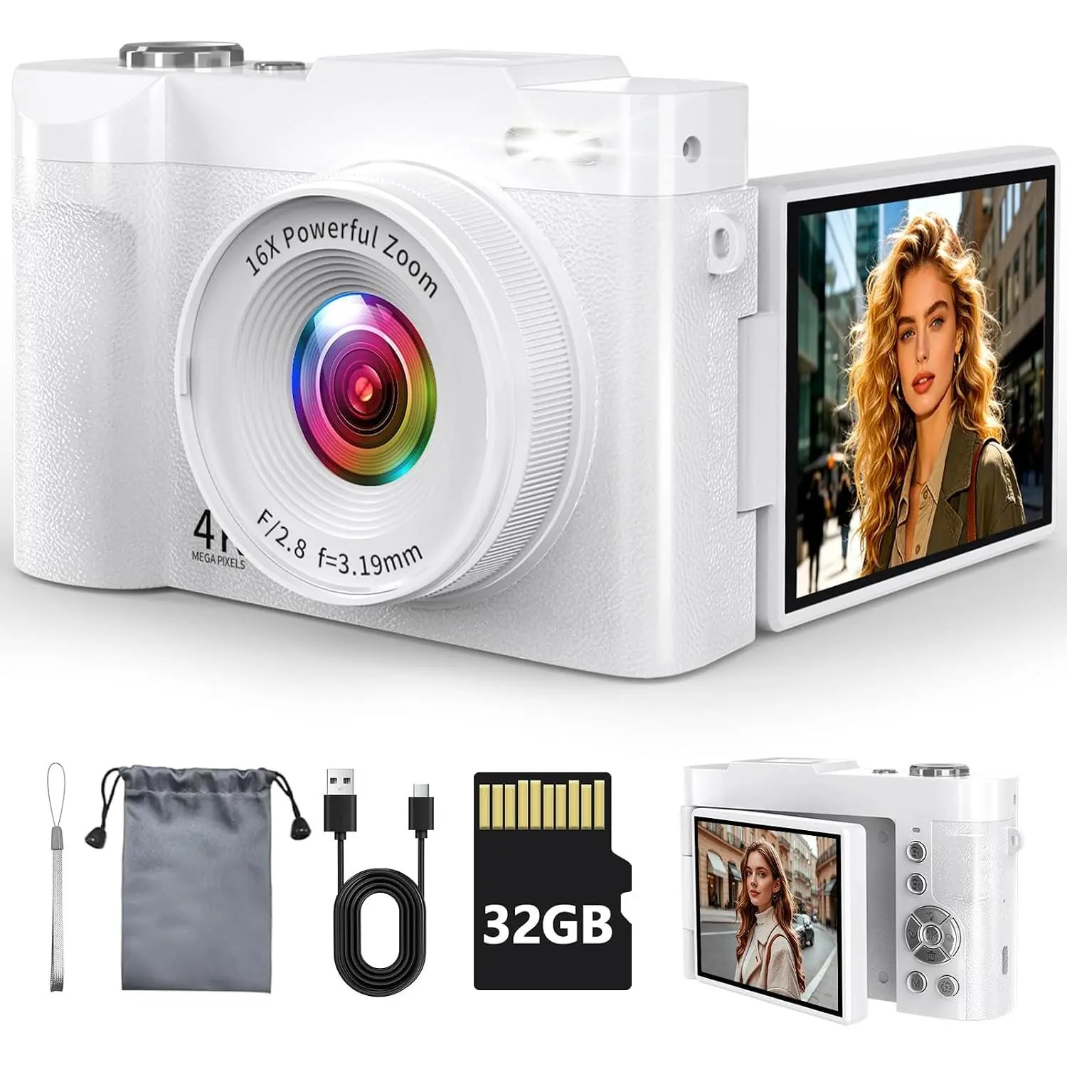 4K Digital Camera for Photography, 50MP Autofocus Point and Shoot Camera with 180° Flip Screen, 16X Zoom Compact Vlogging Camera for YouTube, Travel Camera with 32GB SD Card, White, Tripod
