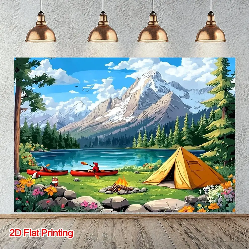 2D Flat Polyester Photography Backdrop - HD Digitally Printed Outdoor Camping Mountain Lake Landscape, Soft Lightweight Foldable Cloth for Parties, Product Photos, Video Creators