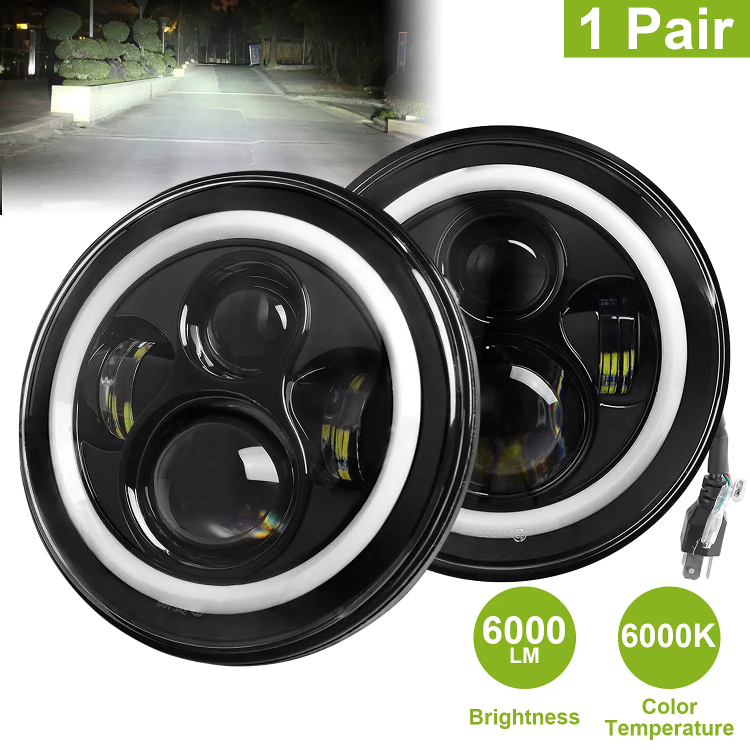 2Pcs 7 Inch Round LED Headlights, 6000LM Halo Angel Eyes DRL Head Lamps, Plug & Play with H4 to H13 Adapter, LED Headlight Upgrade for Jeep Wrangler TJ JK CJ Off-Road Vehicle