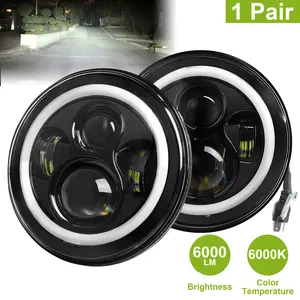 2Pcs 7 Inch Round LED Headlights, 6000LM Halo Angel Eyes DRL Head Lamps, Plug & Play with H4 to H13 Adapter, LED Headlight Upgrade for Jeep Wrangler TJ JK CJ Off-Road Vehicle