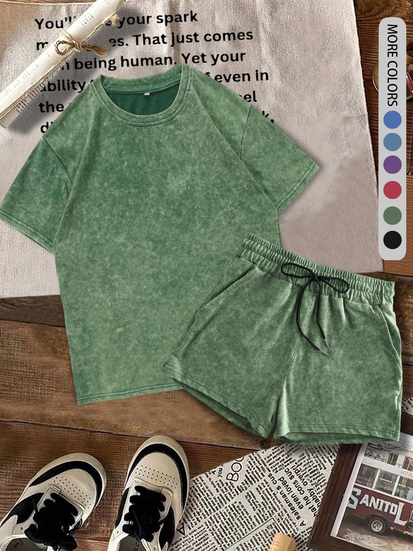 Two-piece Set Women's Solid Color Denim-effect Print Tee & Shorts, Casual Basic Round Neck Short Sleeve T-shirt & Shorts, Ladies Summer Clothes for Daily Wear, Matching Clothing Set