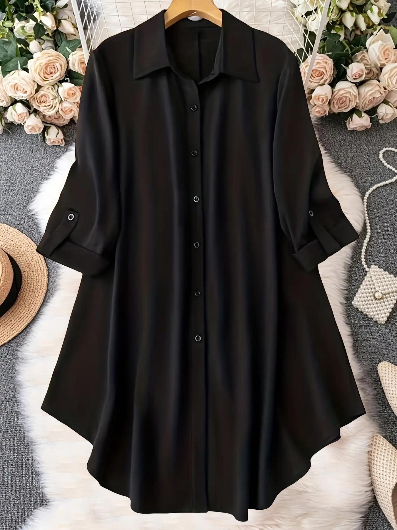 Plus-Size Solid Long Sleeve Button Up Blouse, Casual Classy Elegant Button Front Collared Top for Spring & Fall, Women's Clothes for Daily Wear