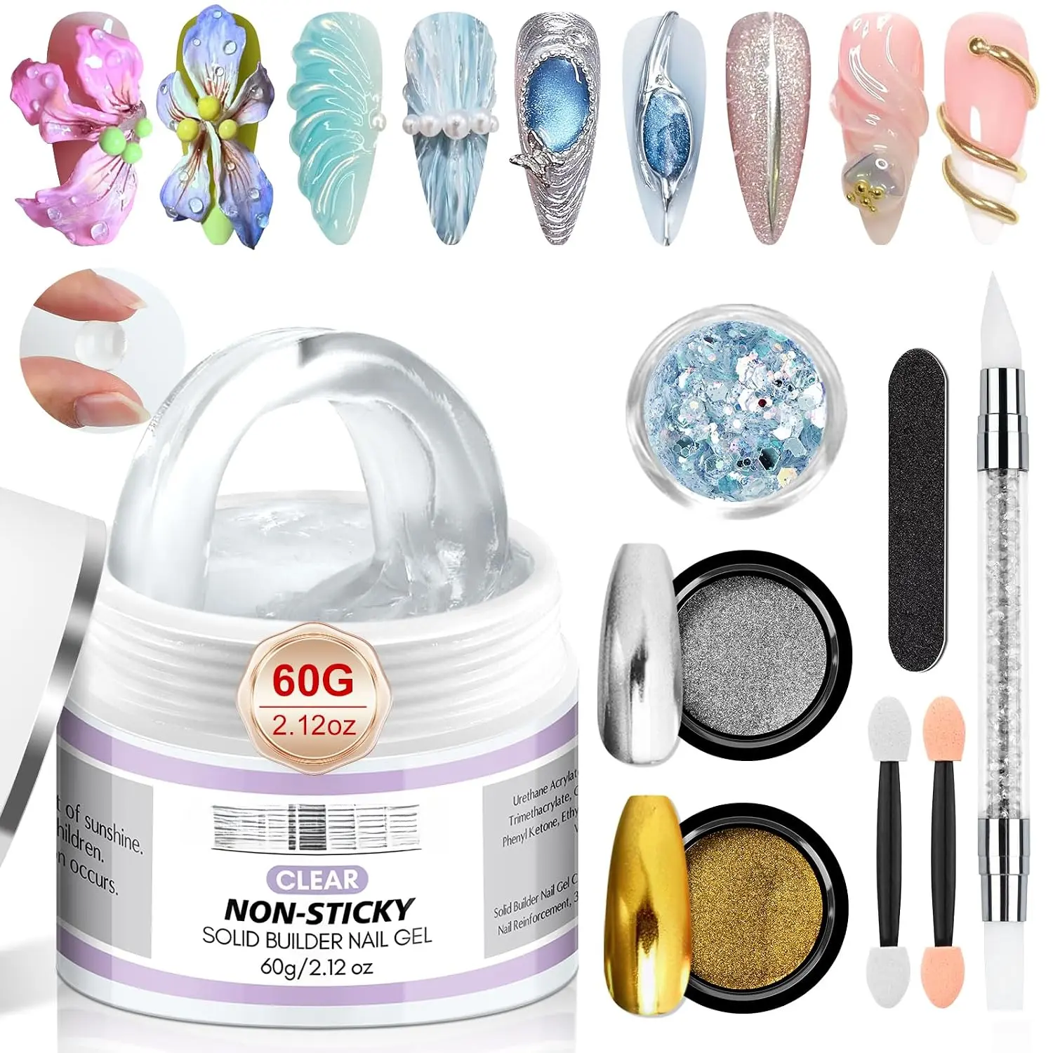 60g Solid Builder Nail Gel Non-Sticky Sculpting Gel for Nail Art| 3d Sculpting Molding Gel for Carving Pattern Extension, Clay like Texture with Sequins Chrome Powder, Nail Art Home Manicure