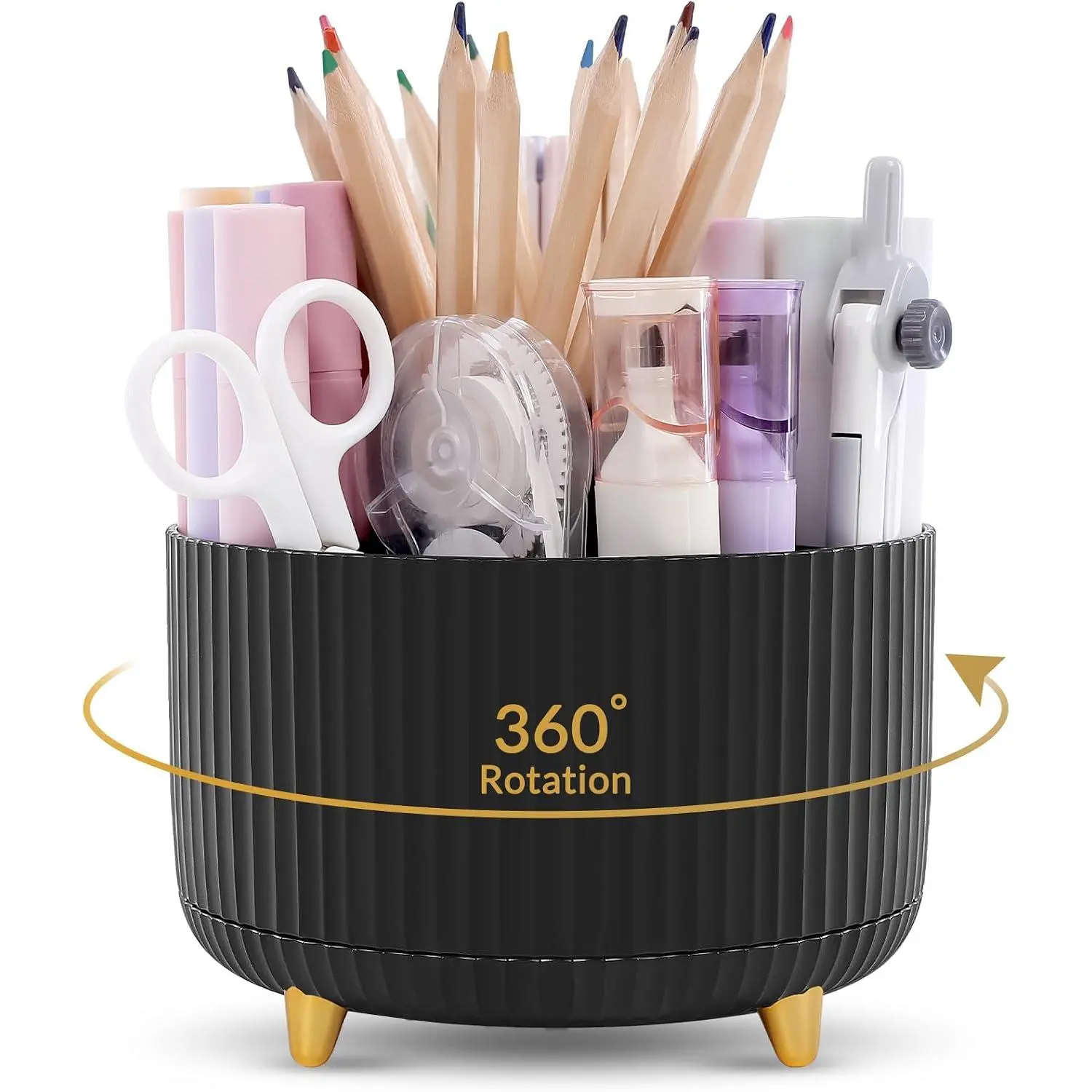 Black ABS Plastic Cute Round Desk Organizer, 5-Slot Multi-Slot Hold 360° Rotating Pencil Pen Holder for School/Office Art Supplies