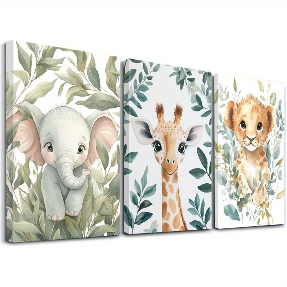 2D print, 3-piece set in natural style, jungle adventure wall art, fun wildlife wall painting, green leaf background poster, cute African journey painting, charming animal art print, home aesthetic decoration, framed wall decor painting