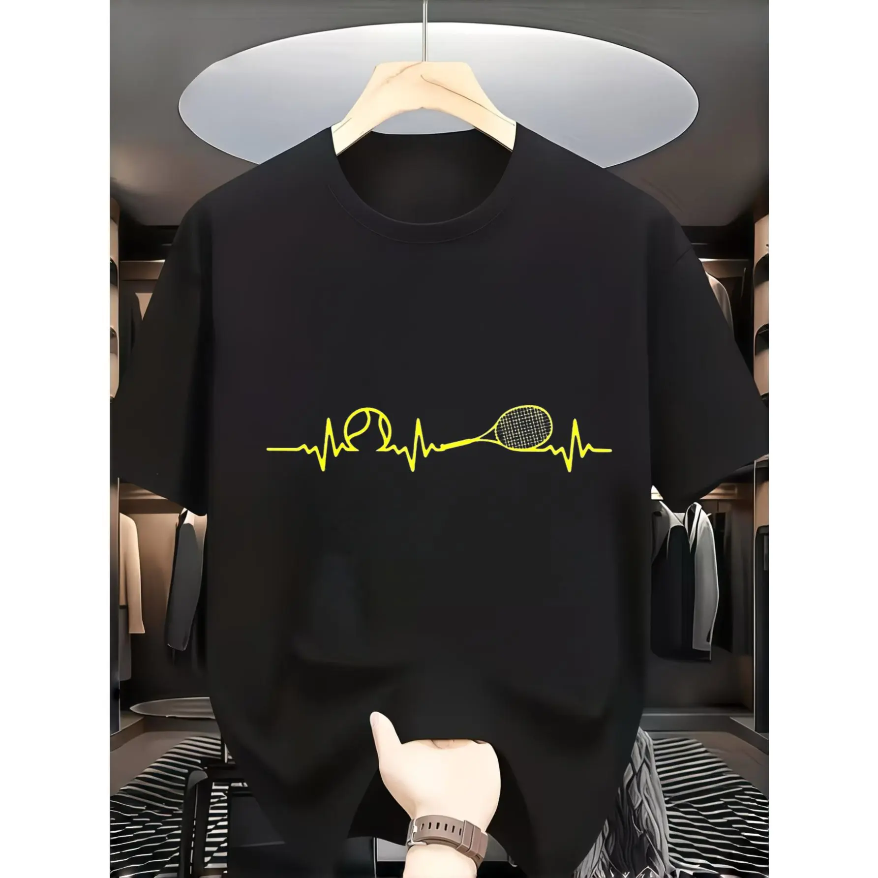 Casual Sporty Style, Men's T-Shirt, Yellow Heartbeat Tennis Racket Graphic Design, Summer Outdoor Sports Activity, Gift For Tennis Lover Boyfriend Husband