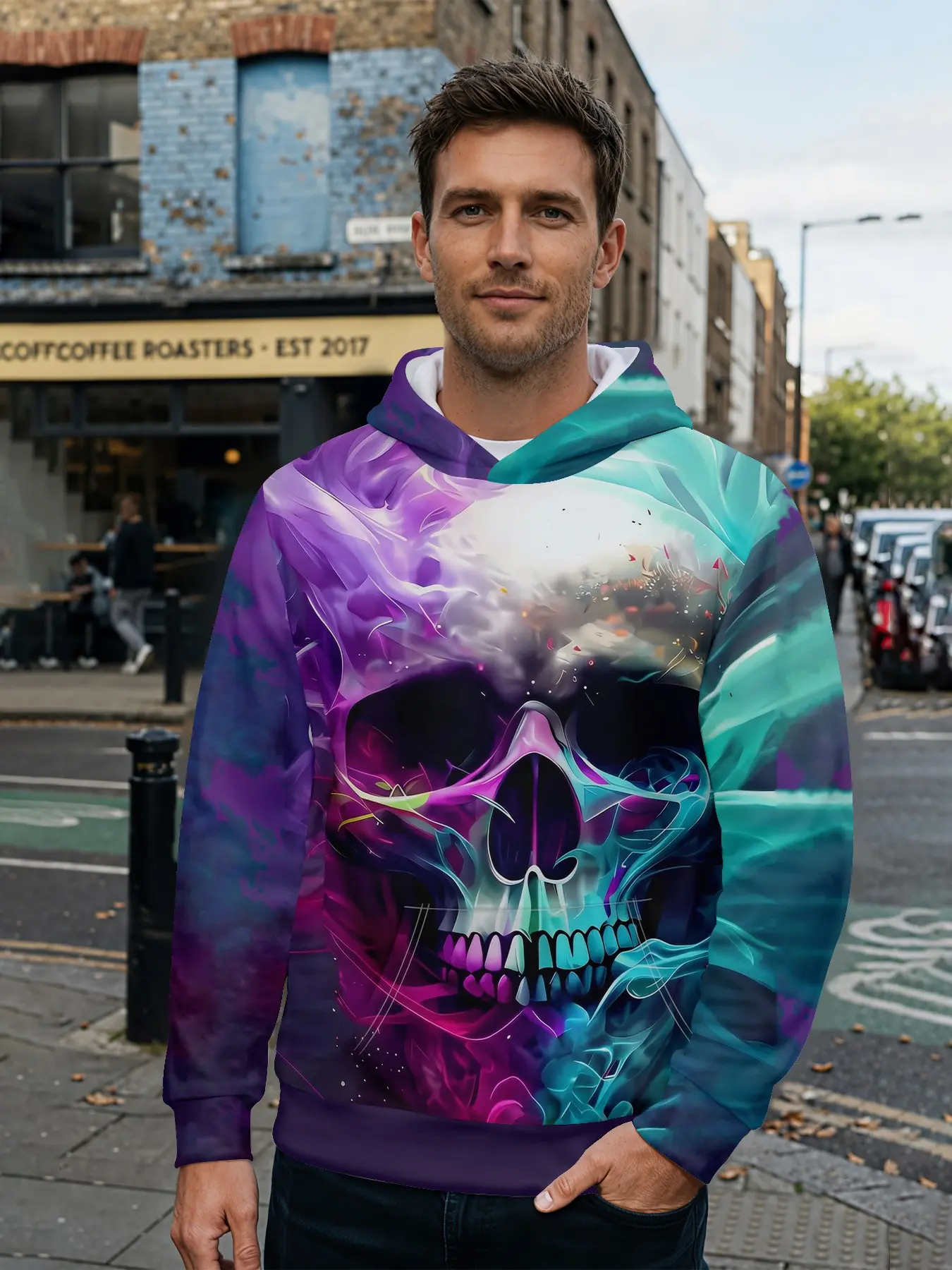 Men's hoodie with 3D digital print featuring a dreamy trendy skull pattern in purple-cyan gradient smoke, all-over printed design, eye-catching for daily streetwear and music festival outfits, an ideal holiday gift for men