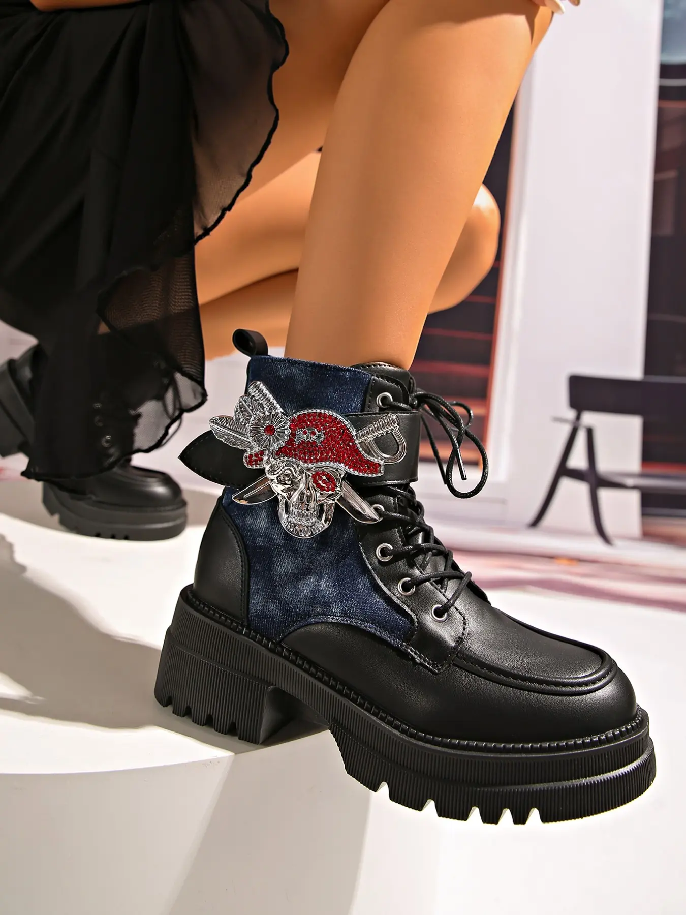 Vintage Patchwork Ankle Boots With Rhinestone Ornament Platform Lift Chunky Heel Side Zipper Round Toe Cool Style Boots For Halloween Party Festival Daily Outfit