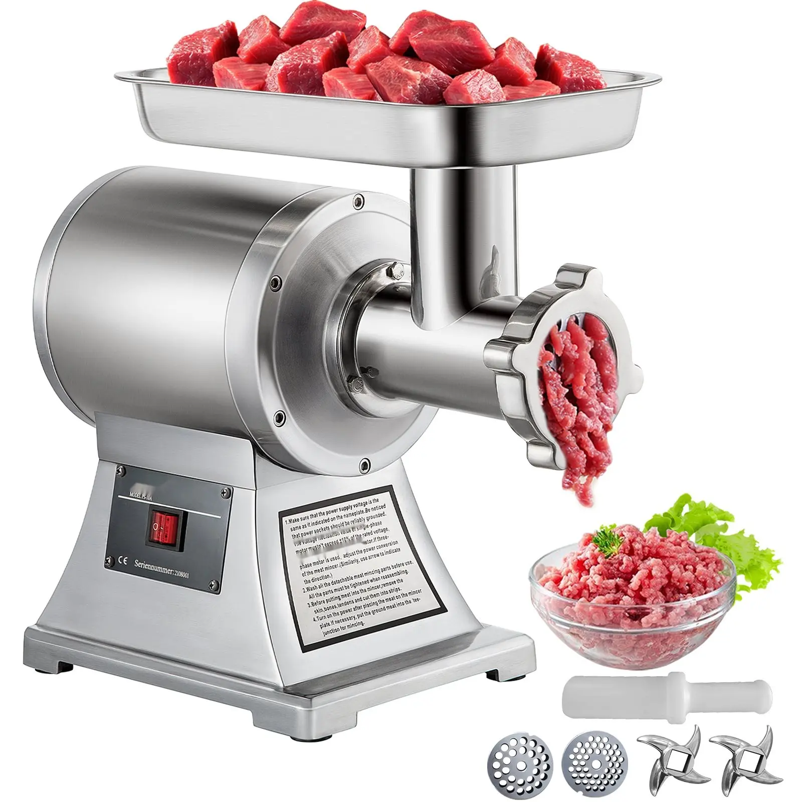 Commercial Meat Grinder 550 Lb/Hr, 1100W Electric Meat Grinder, 220 RPM Heavy Duty Stainless Steel Industrial Meat Mincer With 2 Blades, Grinding Plates And Stuffing Tubes For Restaurants