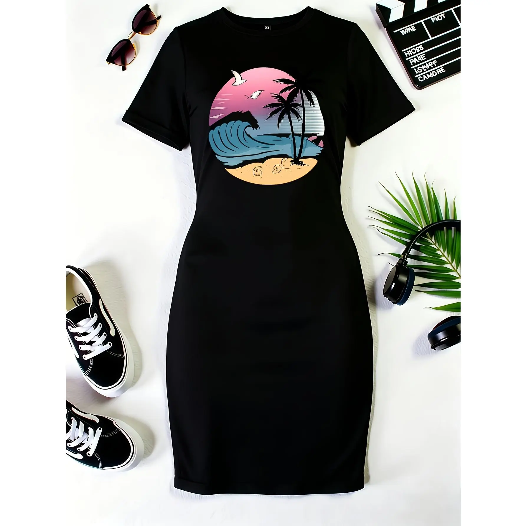 Fashionable New Women'S Round-Neck Design, Beach Coconut Tree Sunset Print, Casual And Comfortable Everyday Versatile Short-Sleeve Dress