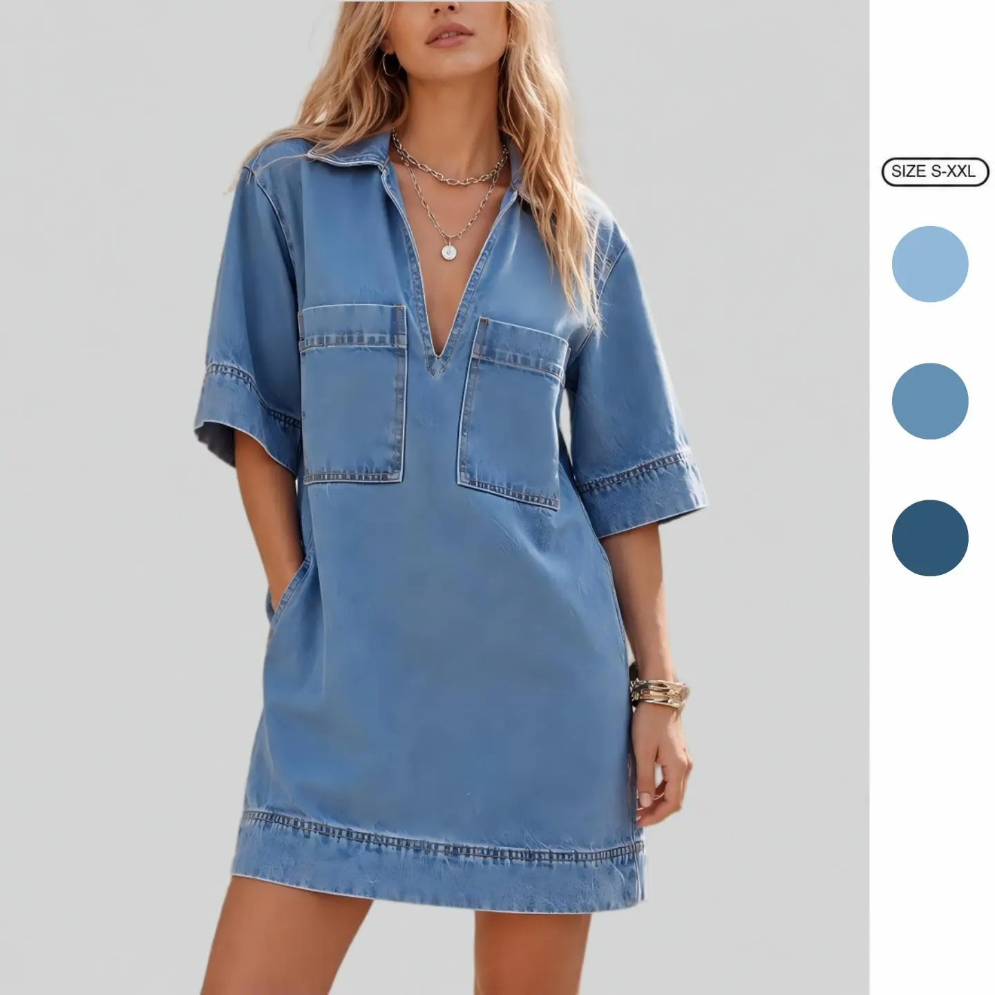 Imily Bela Womens Denim Shirt Dress Summer Collared V Neck Mini Casual Jean Dresses with Pockets