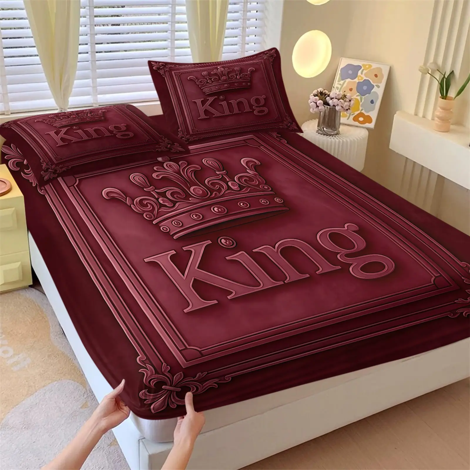 Burgundy Vintage Royal King Crown Fitted Sheet Set, 1 Fitted Sheet & 2 Pillowcases, No Filling, Elegant Noble Pattern Bed Sheets Set, Soft Luxury for Men & Couple Master Bedroom
