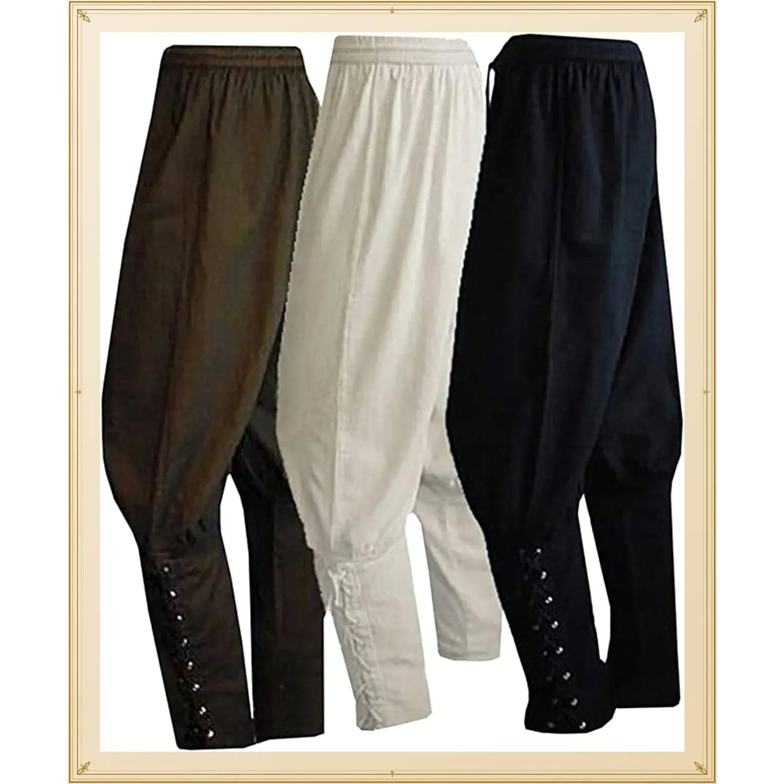 Men's Medieval Renaissance Pirate Pants Viking Ren Faire Costume | Versatile loose vintage pants with elastic waist & lace-up ankles.Perfect for Halloween/LARP/cosplay/casual.Light & comfyGift