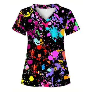 Full-body print, colorful splatter pattern, two pockets, Women's uniform top, doctor scrub top, nurse workwear, female nursing professional attire, dental beauty salon, healthcare uniform top, short-sleeve nurse shirt