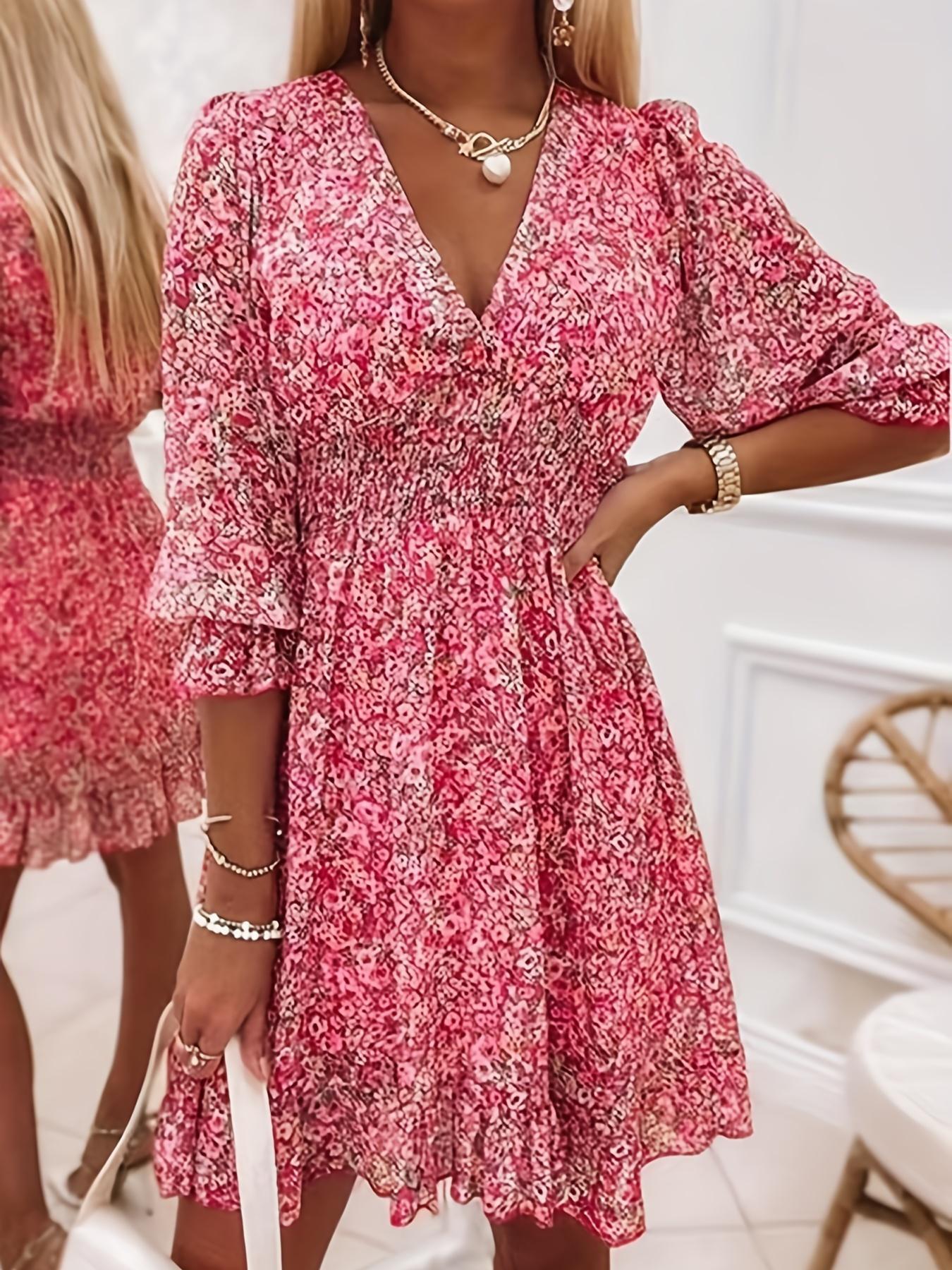 Women's Frenchy Casual Style Ditsy Floral Print Shirred Ruffle Hem Flounce Sleeve Dress, Boho V Neck A-Line Short Dress For Summer Party Holiday, Summer Outfits 2024, Women's Clothes