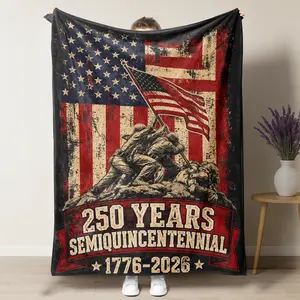 Distressed American Flag "250 Years" Military Tribute Fleece Blanket, High Comfort Anti-Pilling Blanket Great For Veteran Family Gatherings, RV Road Trips & American Anniversary Holidays