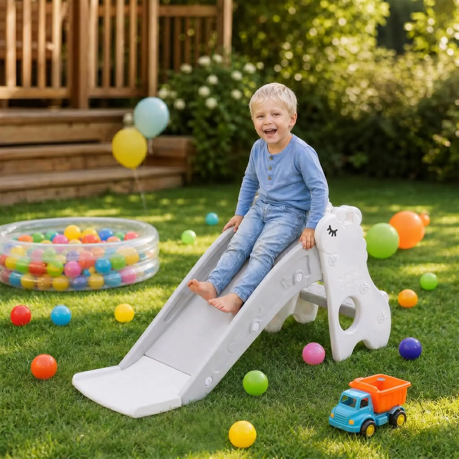 3 in 1 Toddler Slide, Kids Playground Playset Indoor Outdoor, Freestanding Plastic Slide, Climber & Basketball Hoop, for Kids Ages 18+ months