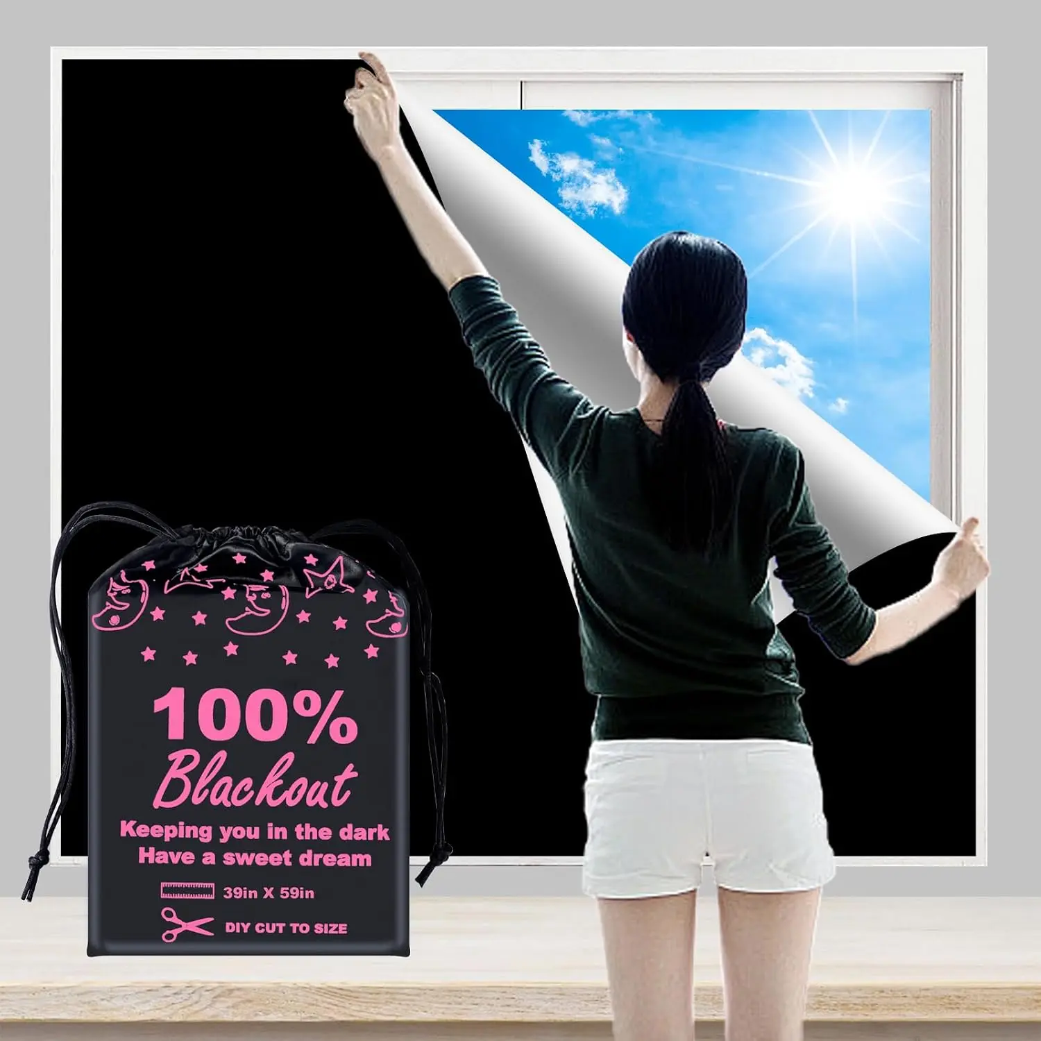 Blackout Blind Curtains Window Cove (39"x 59")[DIY Cut to Any Size or Shape] [Hook & Loop Tabs][ Portable Bags for Travel ] [Light & UV Blocking ] for House, ,Apartment, Home/Office, Modern, Polyester