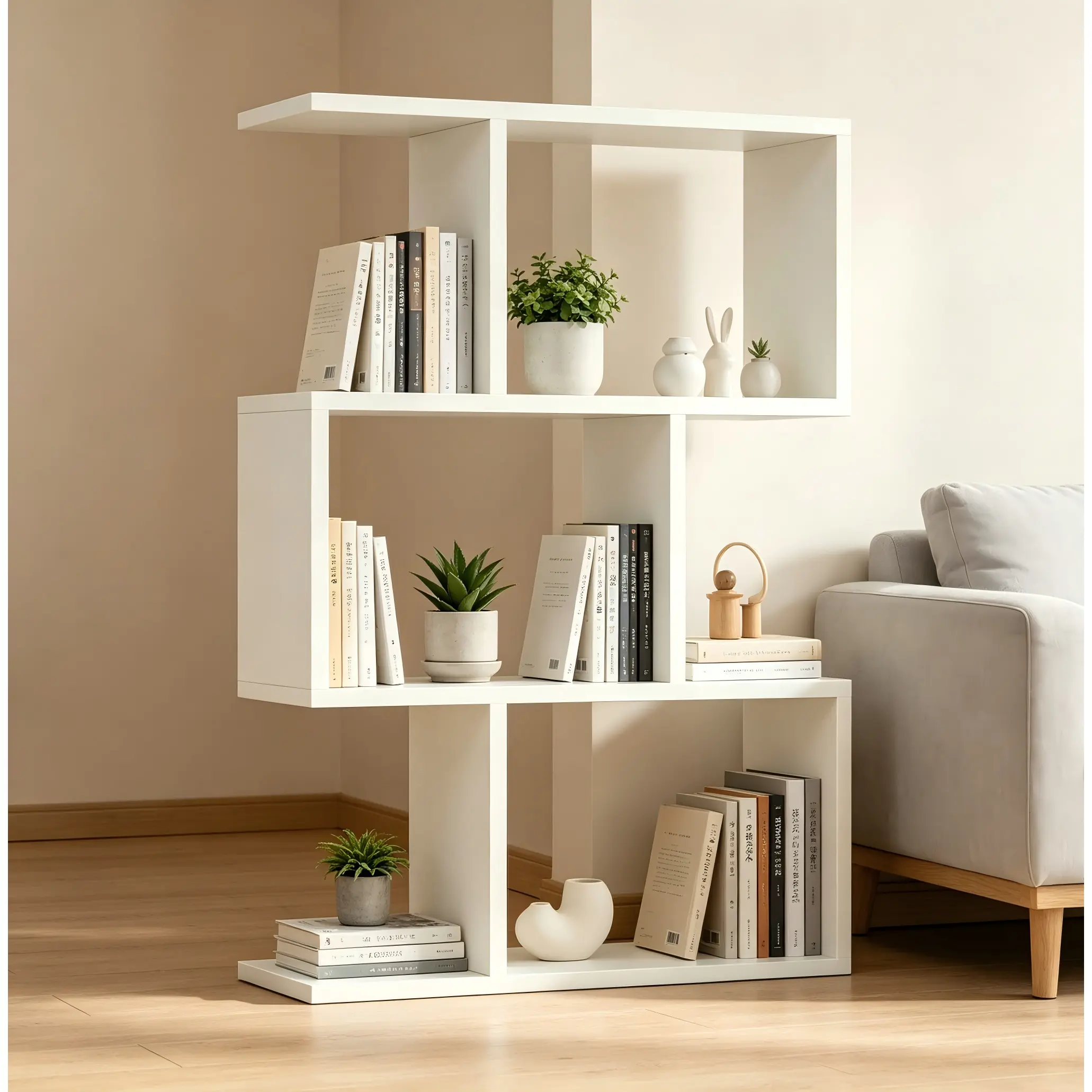 Nokaa 3-Tier Wall-Mounted Bookshelf, Asymmetrical E-Shape Bookcase, Space-Saving Shelving Unit for Living Room, Bedroom, Study, Home Office, Ancient White, Particle Board+MDF, 9.45x27.56x37.80 in
