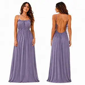 Women's Summer Flowy Maxi Dress Plus Size S-5XL Casual Loose Fit Spaghetti Strap Backless Drawstring Solid Color Long Sundress Elegant French Style Slip Cami Dress for Beach Vacation Lightweight Premium Stretch Outfit Ruffle Womenswear Adjustable