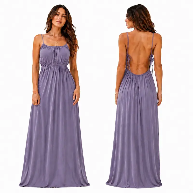 Women's Plus Size Backless Ruffle Sleeveless Spaghetti Strap Maxi Dress - S-5XL, 2XL, 3XL, Minimalist French Style Adjustable Cami, Solid Color, Travel-Light Premium Stretch Loose-Fit Sundress for Beach Vacation