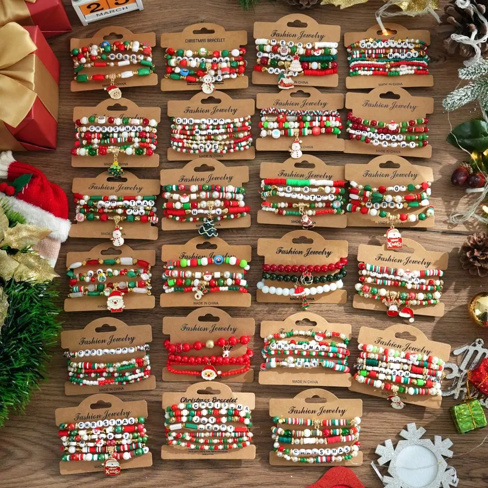 48Pcs Christmas Bracelets Bulk, Santa Snowman Tree Bell Charm Polymer Clay Stretch Beaded Bracelets for Women Men, Christmas Party Favors Bracelet Set