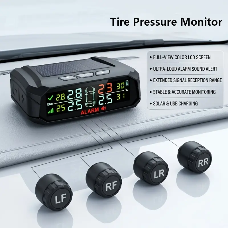 TPMS Automotive Tire Pressure Monitoring System Solar Powered USB Charging Wireless Real Time Pressure Temperature Monitor 4 External Sensors HD Color Display Auto Alarm Fits Sedans SUVs MPVs Car Accessories Road Trip Essentials Car Gadgets Easy Install
