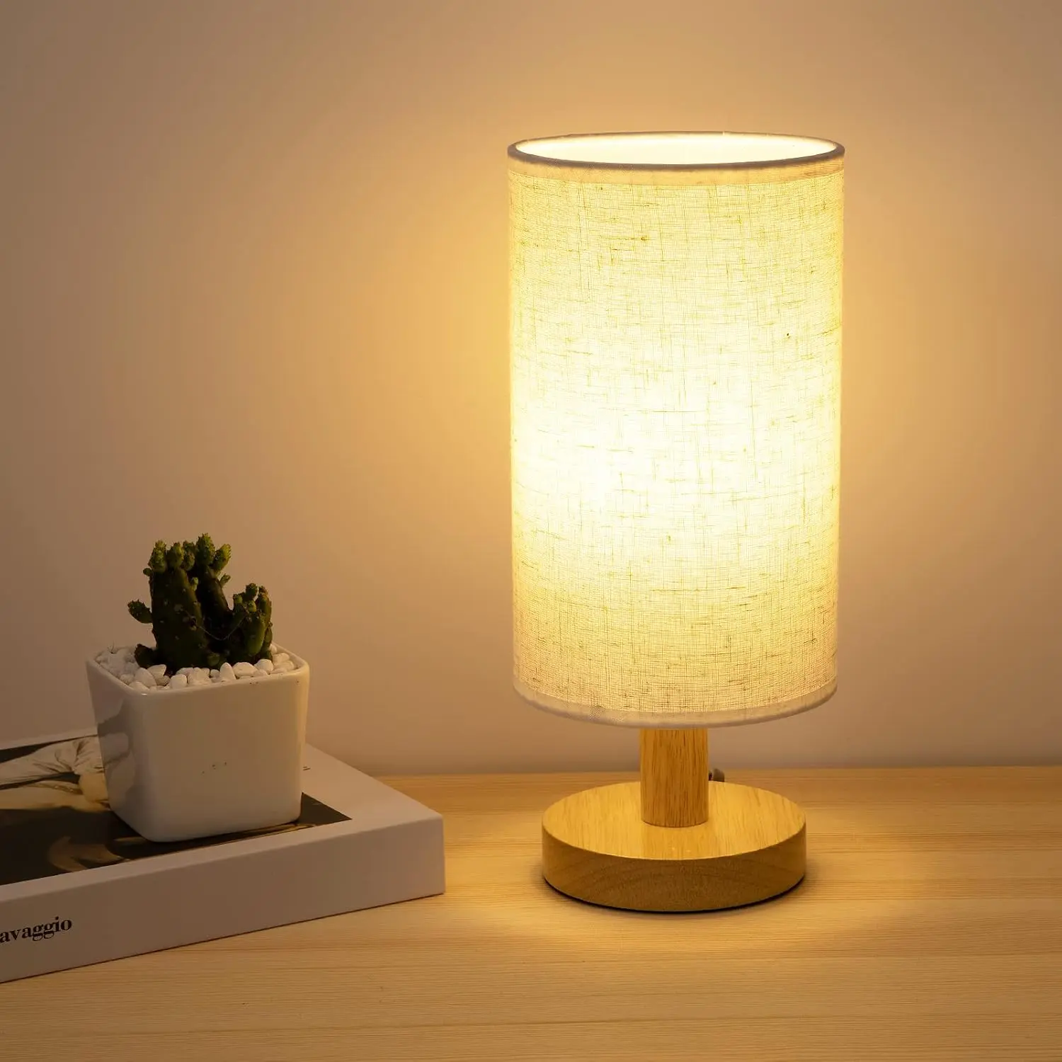Small Bedside Table Lamp for Bedroom, Minimalist  Base & Round Fabric Shade, Mini Cute Cozy Warm White Nightstand Boho Lamp, Study Desk Night Stand Light for Room, Dorm, , Living Room