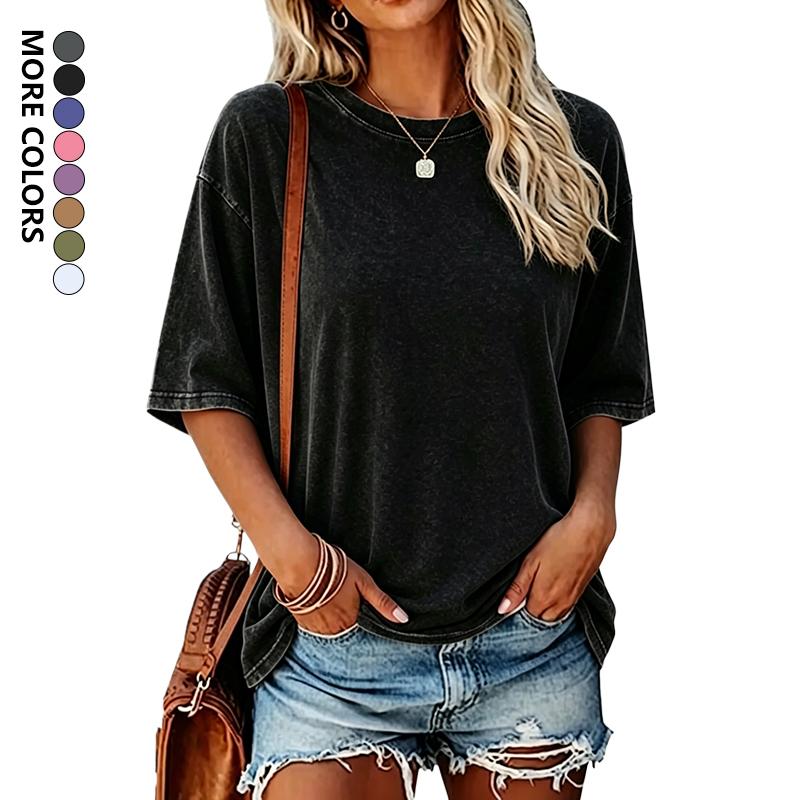 Women's 5-Pack Pure Cotton Washed Finish Short-Sleeve T-Shirt Set, Round Neck, Relaxed Fit, Distressed Print, Skin-Friendly Breathable, Minimalist Vintage Casual, Women's Tops, Machine Washable, Pairs with Jeans Shorts